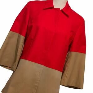 Coldwater Creek Colorblock Long Jacket Red Tan Khaki Bell Sleeves Size 10